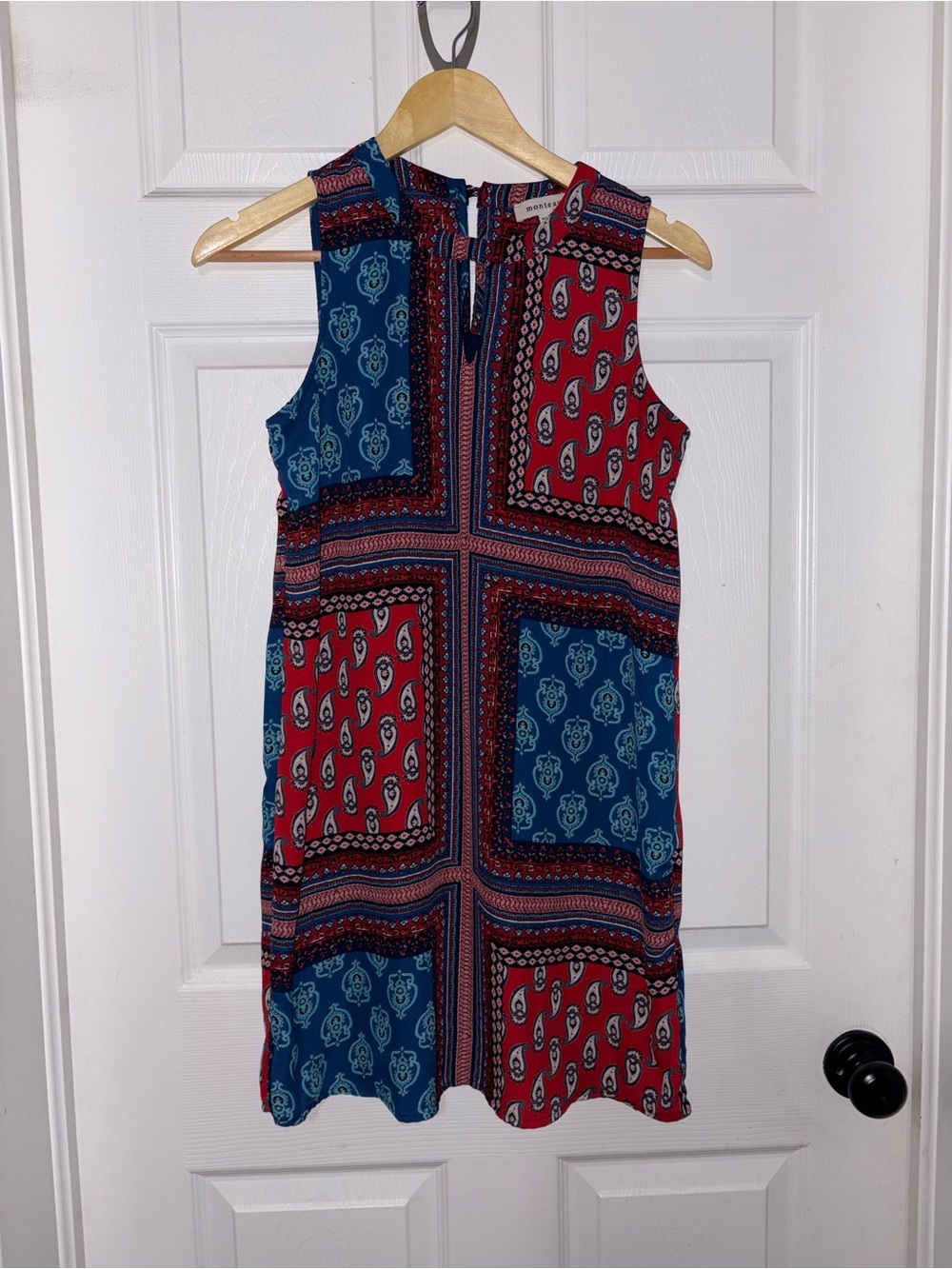 Monteau Red Blue Paisley Patchwork Sleeveless Shift Dress Size Small - Picture 2 of 4